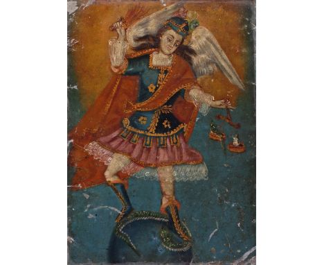 Peruvian School 19th Century St. Michael the Archangel, holding his sword and the scales of justice Painted on tin 27 x 19cm;