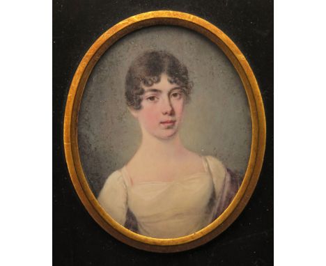 λ John Cox Dilman Englehart (1782/4-1862) Miss Sarah Reynolds, head and shoulders, wearing a white empire frock and lilac sha