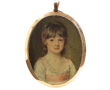 λ English School c. 1800 Portrait miniature of a young girl, head and shoulders, in a white and pink dress  Oval, in a gilt f