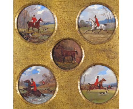 Follower of Henry Alken Hunting scenes and a horse in a stable Oil on canvas, in one frame, mounted as five small paintings 2