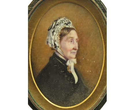 λ English School 19th Century Portrait miniature of a lady, head and shoulders, wearing black and a white lace bonnet Oval, g