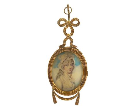 λ English School 19th Century Portrait miniature of a lady head and shoulders, in white with a lace bonnet Oval, in a gilt fr