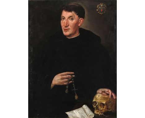 Continental School 17th Century  Portrait of an Augustinian monk with a skull, a rosary and a scroll Oil on canvas, unframed 