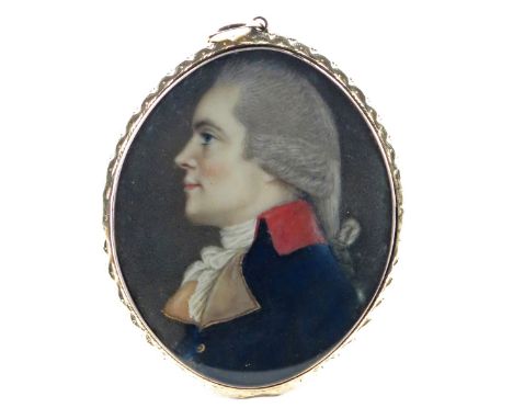 λ English School c. 1790 Portrait miniature of a gentleman head and shoulders, wearing a blue coat with a red collar, in prof