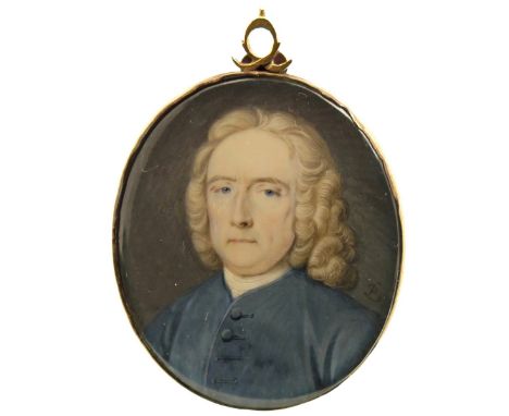 λ English School late 18th Century Portrait miniature of a gentleman, head and shoulders, wearing blue Signed with a monogram