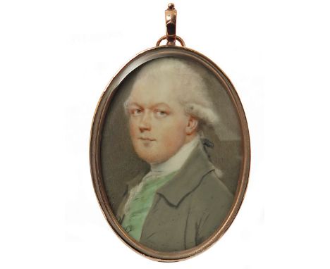 λ John Smart (1741-1811) Portrait miniature of Baron Crewe, head and shoulders, wearing a green coat and waistcoat Signed wit