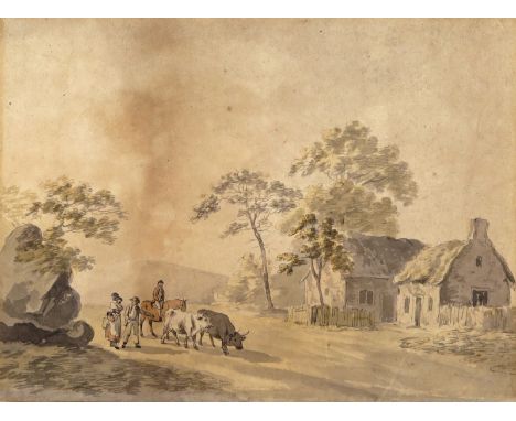 Attributed to Anthony Devis (1729-1817) Travellers with cattle, passing a cottage Watercolour and pencil 23 x 30cm; 9 x 12in 