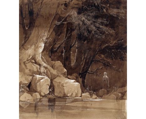 Paul Falconer Poole (1807-1897)  A figure by a wooded pool  Inscribed and dated 2/6 by a different hand verso  Sepia watercol