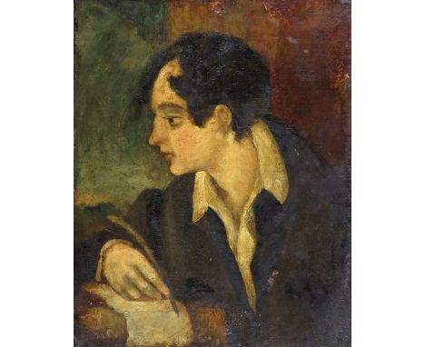 H. Dawson (18/19th Century) Portrait of Lord Byron writing Inscribed and signed verso Oil on panel, unframed 32 x 25cm; 12½ x