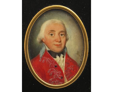 λ Jean-Baptiste Légé (French 1779-1846) Portrait miniature of a gentleman, head and shoulders wearing a red embroidered jacke