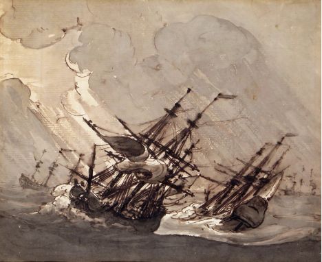 Follower of Willem Van de Velde Three marine scenes of ships in a storm, one ship~s portrait Four, two pen, ink and wash, one