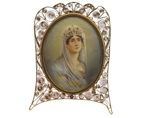 λ French School late 19th Century Portrait miniautre of Napoleon Bonaparte and Josephine A pair, both in filigree frames Each