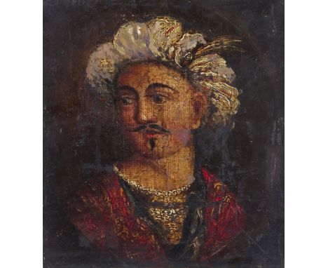 Continental School 18/19th Century Portrait of a gentleman wearing a feathered turban Oil on canvas laid on panel, unframed 2