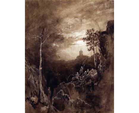 William West (1801-1861)  Warriors resting in a mountainous landscape by moonlight  Inscribed West 5/ in a different hand ver