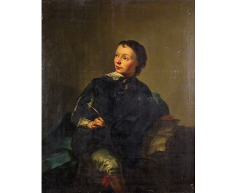Northern European School 18th Century Portrait of a boy seated, holding a pen and book, wearing a blue coat Oil on canvas 126