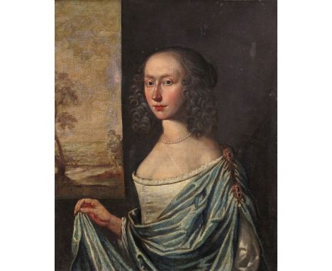 English School late 17th Century Portrait of a lady, half length standing by a window, a landscape beyond Oil on canvas 76 x 