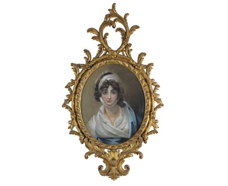 After Sir Thomas Lawrence P.R.A. Portrait of Sarah Siddons, bust length in a white dress with a blue cloak Pastel, oval in an