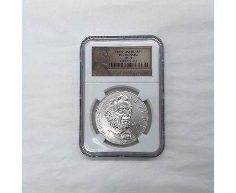 MS70 Graded. Philadelphia Mint. The obverse side features a portrait of the 16th U.S. President, Abraham Lincoln. The reverse