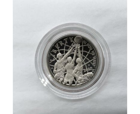 San Francisco Mint. The obverse side depicts a basketball about to pass through the net. The reverse side features a basketba