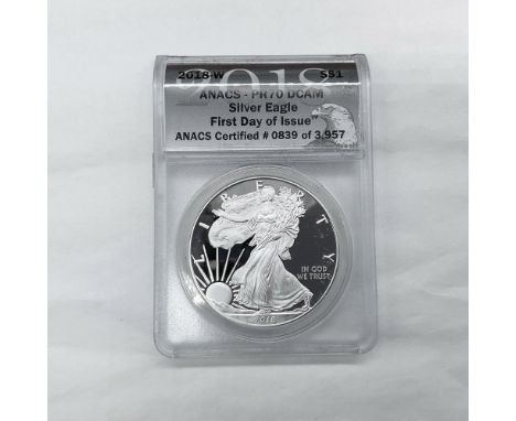 First Day of Issue. ANACS Certified: 839 of 3957. West Point Mint. The obverse side features full length of Liberty in stride