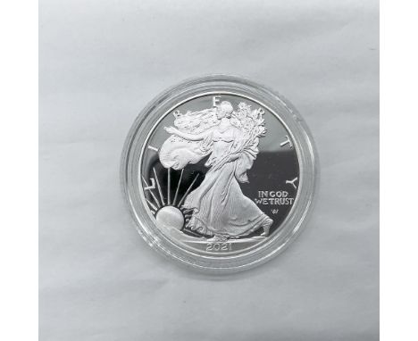 West Point Mint. The obverse side features full length of Liberty in stride. She is shown wrapped in the folds of the flag of