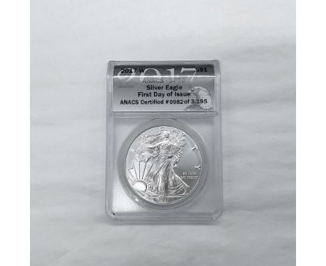 First Day of Issue. ANACS Certified: 982 of 3195. West Point Mint. The obverse side features full length of Liberty in stride