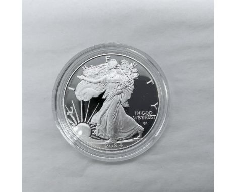 West Point Mint. The obverse side features full length of Liberty in stride. She is shown wrapped in the folds of the flag of