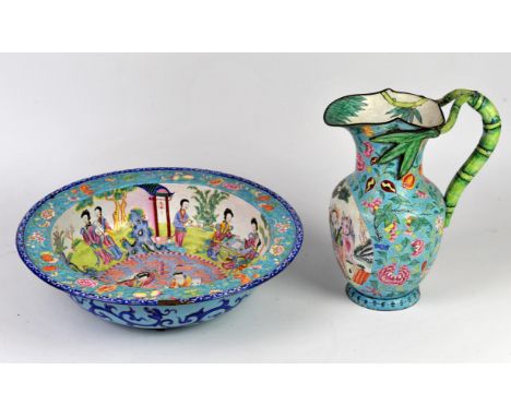 Jiaqing period Chinese enamel on copper jug and basin, the pale blue ground decorated flowers and foliage and panels of figur