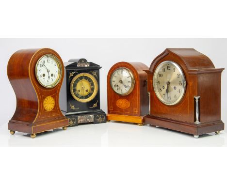 Edwardian mahogany balloon clock the two train French movement by Couillet Freres, striking on a gong, H 31cm, dome top mahog