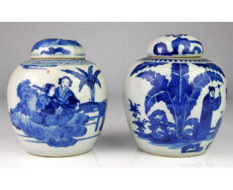 Two Chinese blue and white ginger jars and covers, the first with figures in a garden playing musical instruments, the other 