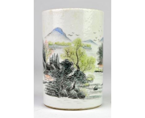 Chinese brush pot, Republic period, decorated with a river landscape and calligraphy, 11.5cm high, Condition Report:  Light g