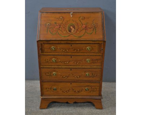 Early 20th century Edwardian Satinwood painted Bureau, decorated with floral swags and lady portraits with fall front above f