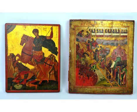 Russian Icons, The Ladder of Devine Ascent. 35.5cm x 31cm. And a Russian Icon of St. Demetrius 32 x 26.5cm (2)