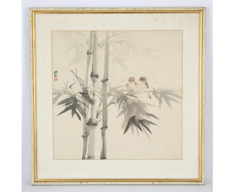 Chinese print of two sparrows perched on bamboo, red seal mark, 45 x 45cm,