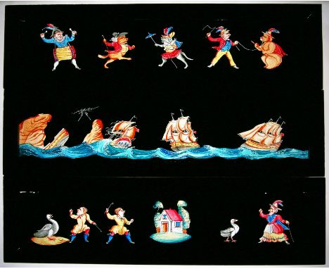 Twelve Mahogany-mounted Hand-Painted Long Magic Lantern Slides. Each with comic figures and approx 34.5 x 9.3cm. In wooden sl