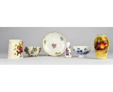 Royal Worcester porcelain vase decorated by Moseley, early 20th Century, decorated with peaches and cherries, 10.5cm high, to