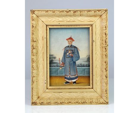 Portrait of a mandarin, 19th Century, oil on ivory panel, within an imitation ivory frame, the panel 13 cm high by 9.3 cm wid