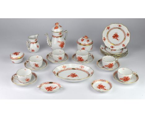 Herend coffee set, decorated with sprays of Red flowers, to comprise a coffee pot and cover, jug, sugar box and cover, five p