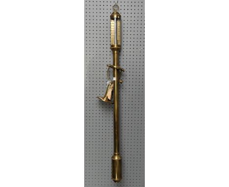 Portuguese brass ship's barometer on gimbal arm, by JJBLM, 16 a 22 R. N. Desterro, Lisbon, 98cm long,