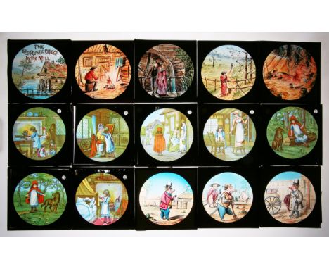 Collection of 41 Magic Lantern slides including 7 slides of 'Little Red Riding Hood', numbered 1-6 and 10 (lacking 7-9). 'The
