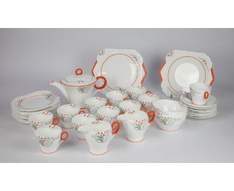  Shelley Art Deco part tea service R.N.795072, CS 054 * comprising 12 saucers, 14cm, 11 tea cups ( 1 with crack ) 12 side pla