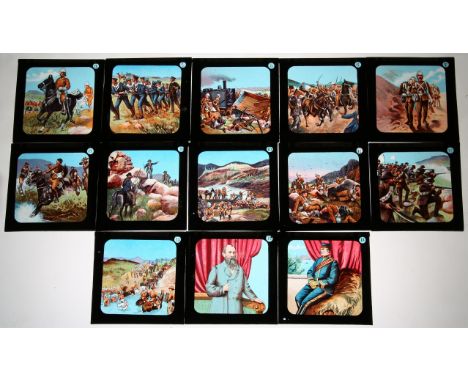 Partial set of 58 Boer War magic lantern slides, numbered and lacking number 1. In wooden slide box (58). 