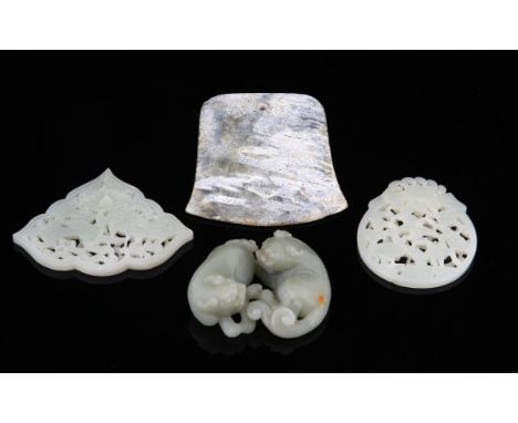 Chinese jade Archaic style axe head, 11.5cm long, celadon jade group of two lions, 8.5cm wide, pierced jade carving with a de
