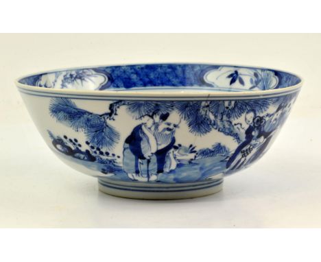 Large Chinese blue and white bowl, late Qing dynasty. The exterior painted with the three stars (the three gods who control l