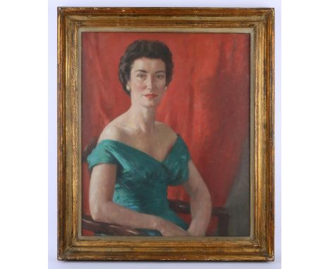 British School, c. 1900, portrait of a seated lady against a red curtain, oil on canvas, unsigned, 76 x 63.5cm, framed and gl