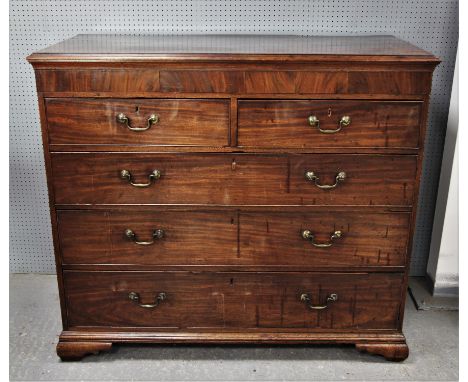 19th century mahogany chest of two over three long graduated drawers raised on bracket feet