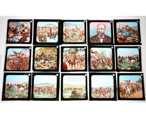 Partial set of 58 Boer War magic lantern slides. In wooden slide box (58). 