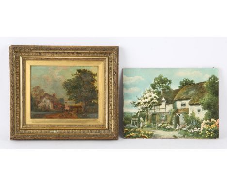 Three C19th small oil paintings.  Two mounted riders leaving a castle, oil on board, 30 x 23cm. Farmer by a cottage, oil on p