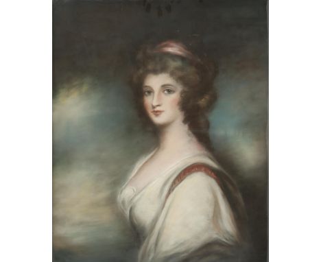 British School, c. 1800, portrait of a lady wearing a pink ribbon, pastel, 73 x 60cm, framed and glazed.