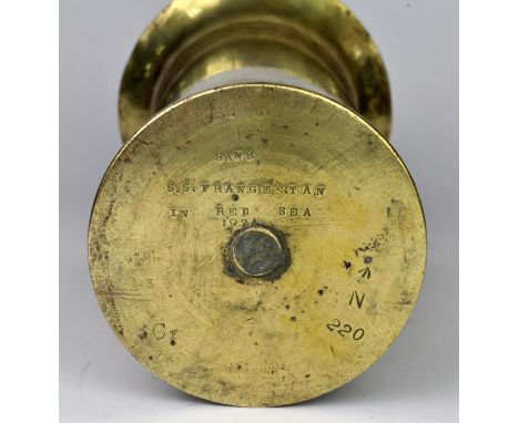 Brass shell case with flared top inscribed K-26 Sank S. S. Franngestan in Red Sea 1924 H29.5cmFeangestan, formerly the HAPAG 